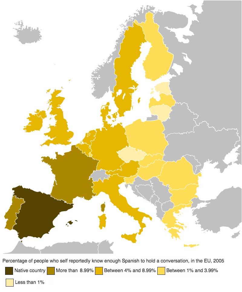 Percentage of people who self reportedly know enough Spanish to hold a conversation, in the EU, 2005