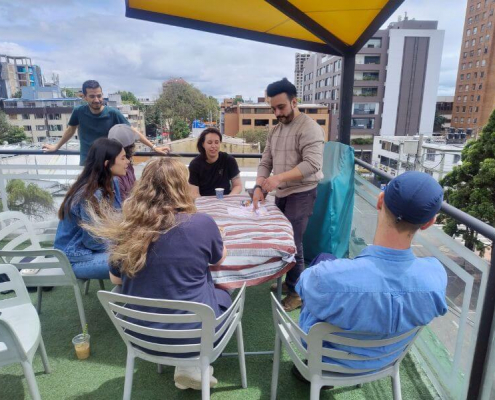 Students practicing Colombian Spanish together during a group class in Bogotá.