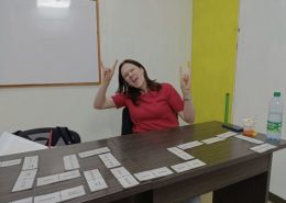 Happy international student studying Spanish in a classroom in Bogotá