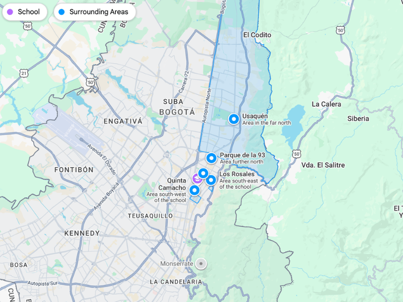 Map showing Learn More Than Spanish in Bogotá with Zona T, Quinta Camacho, Rosales, Parque 93 and Usaquén.