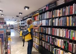 Spanish student browsing books in a bookstore in Bogotá
